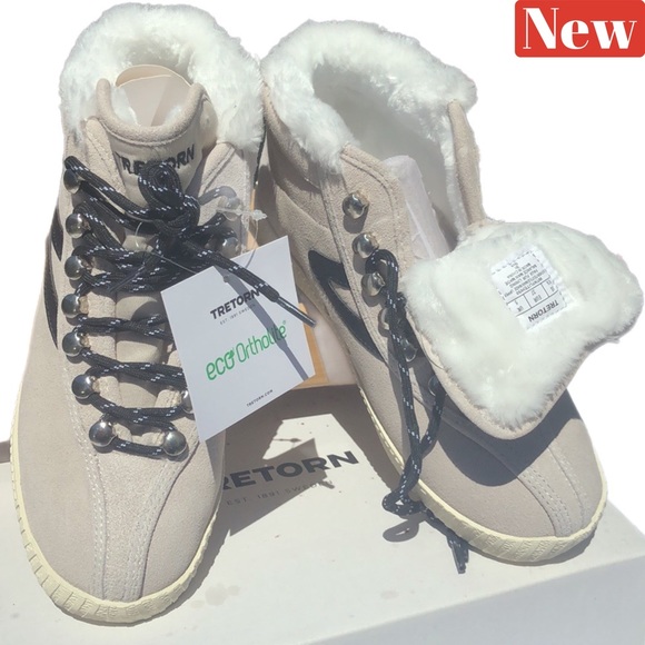 🆕 Tretorn Nylite Hi 50 cream & black Sneaker w/ Faux Fur - Picture 1 of 15